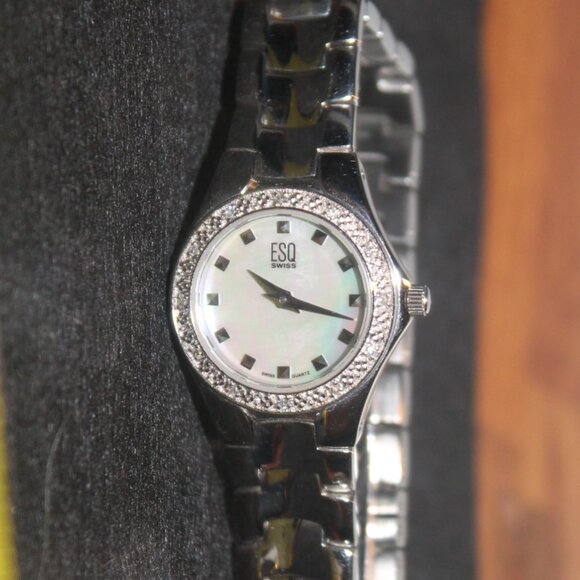 $449 Swiss Movado Esq MOP Crystal Encrusted Luxury Silver Watch main image 6